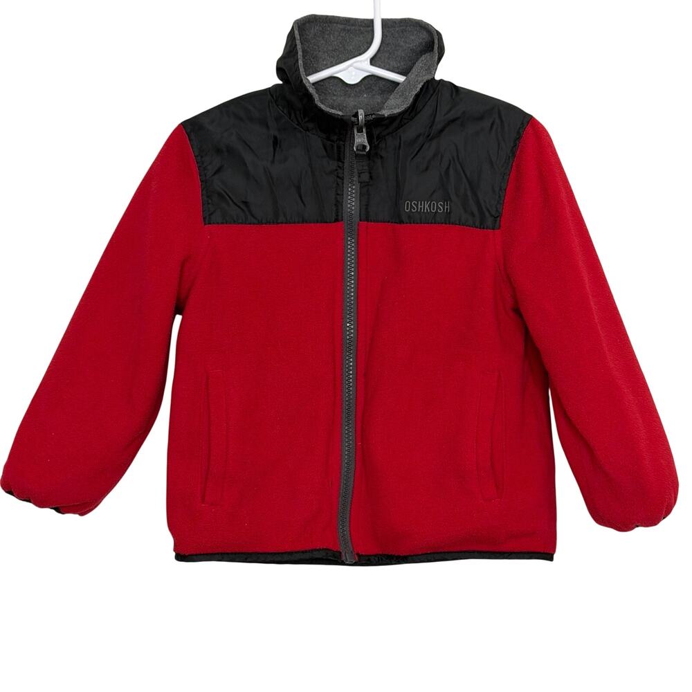OshKosh Red Black Gray Reversible Fleece Zip Up Jacket Size 3T